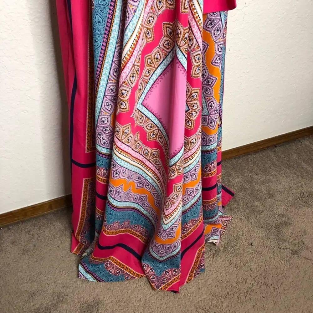 Eliza J navy pink orange scarf print sleeveless maxi dress size 8